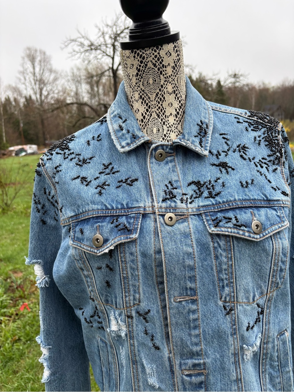 Black beads ANTS Light Blue Women's Jeans Jacket - Picture 8 of 13